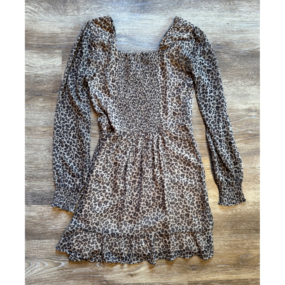 Abercrombie & Fitch Leopard V-Neck Ruffle Mini Dress XS Long Sleeve Smocked - Picture 12 of 13